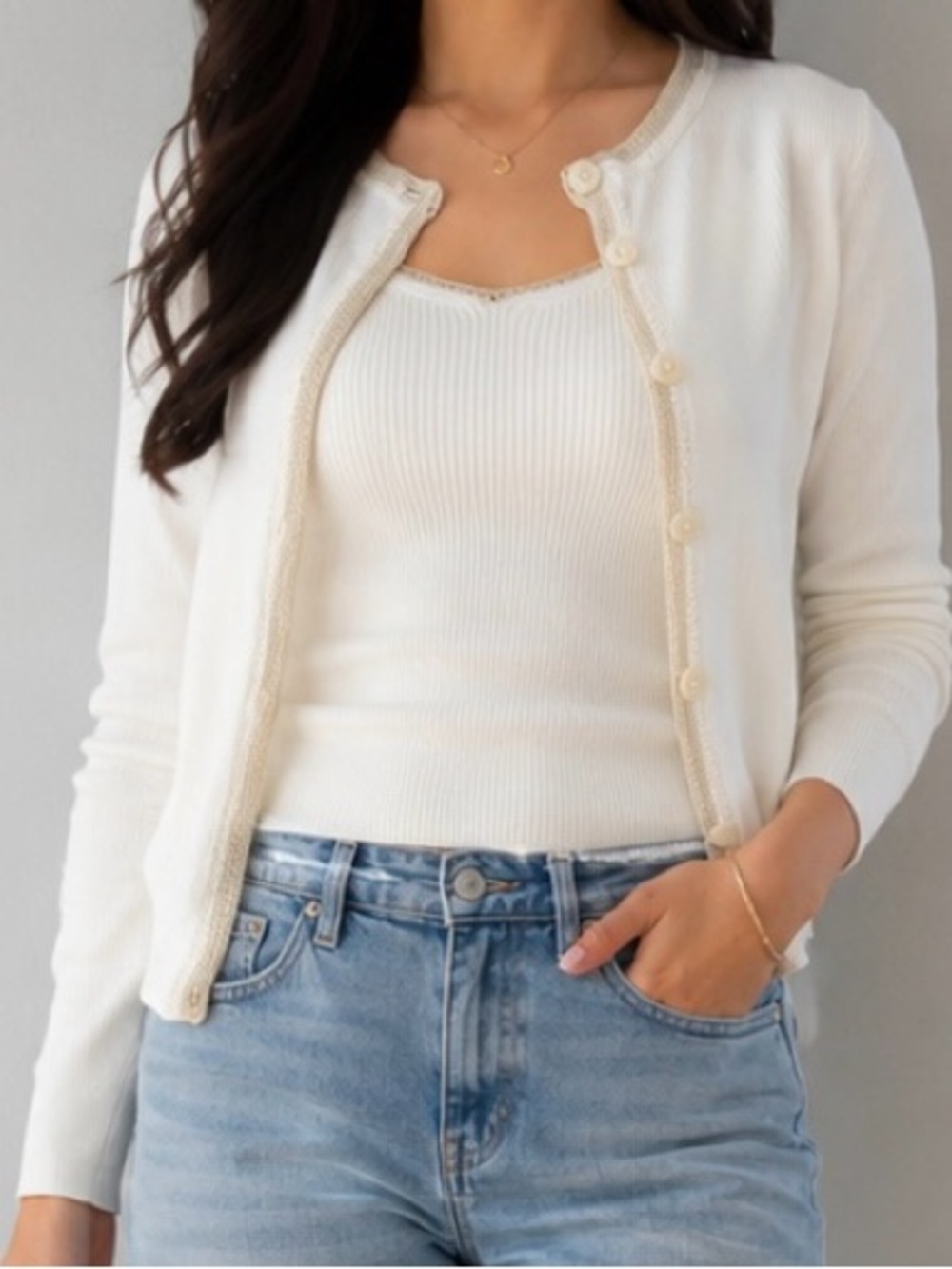 LOFT White Ribbed Knit 2-Piece Sweater Set Cardigan & Sleeveless Tank Top XS